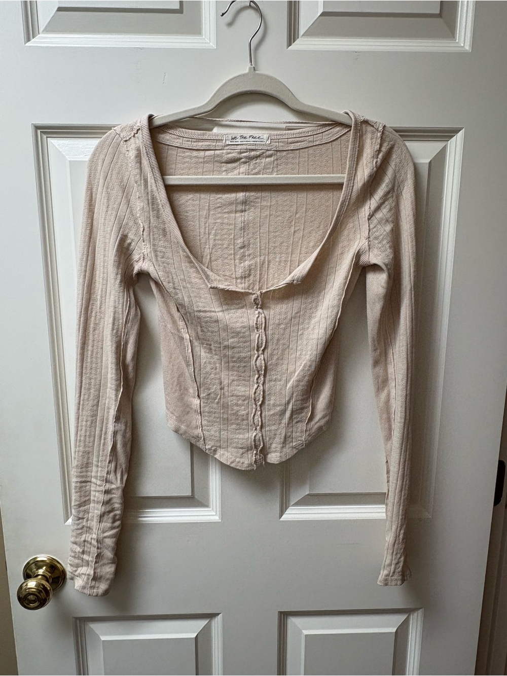 We The Free Light Beige Ribbed Scoop-Neck Long Sleeve Top